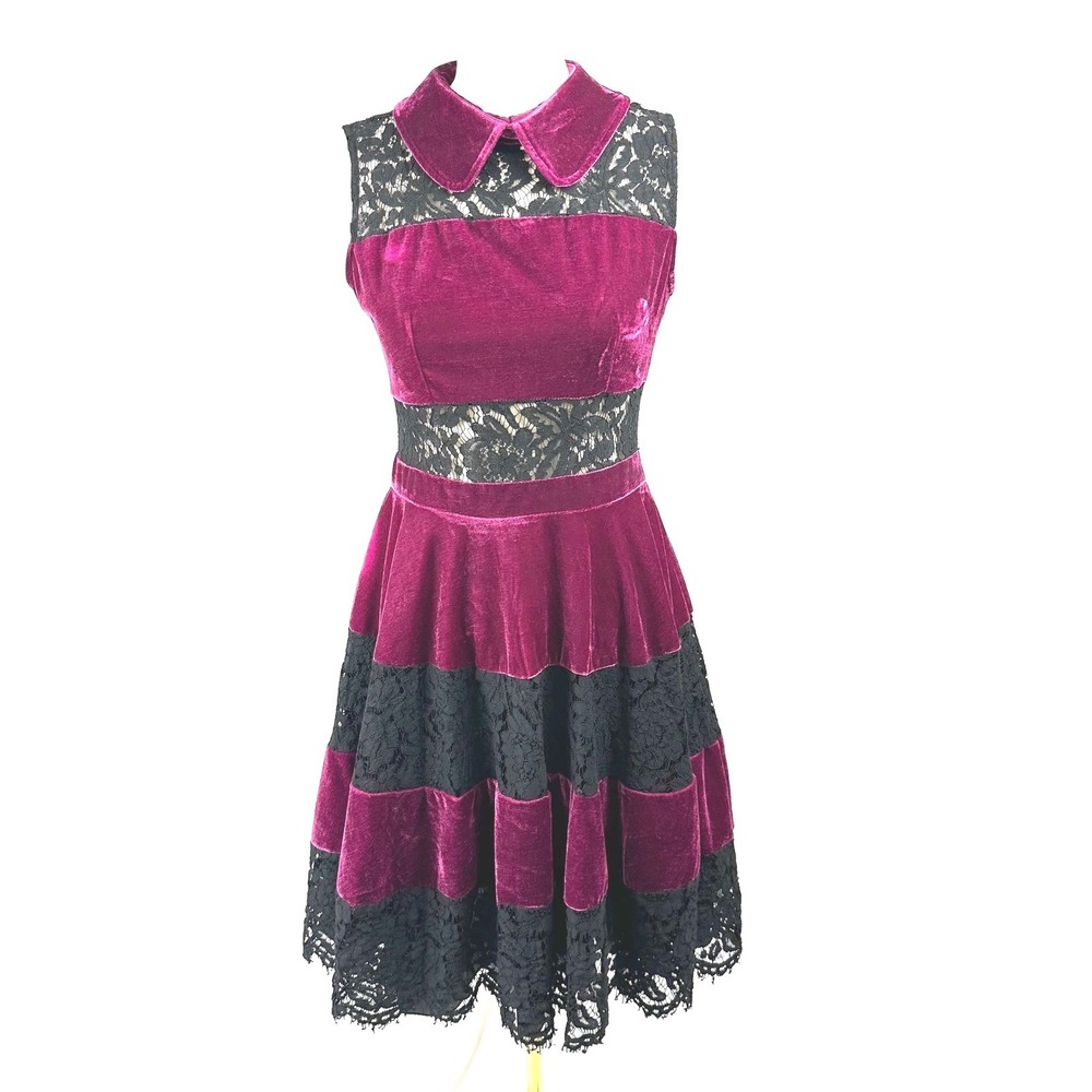 Gothic Lace Velvet Tiered Fit Flare Dress Womens 6 Plum Purple Black Whimsigoth‎